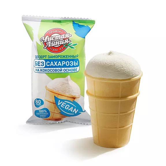 Фото товара Мороженое без сахарозы VEGAN в вафельном стаканчике, 80г: Десерт замороженный на кокосовой основе с ароматом ванили: «Чистая Линия»