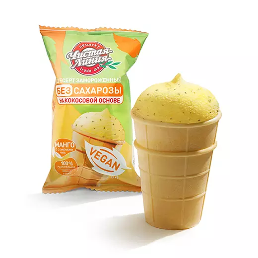Фото товара Мороженое без сахарозы VEGAN МАНГО в вафельном стаканчике, 80г: Десерт замороженный на кокосовой основе с пюре манго и семенами чиа: «Чистая Линия»