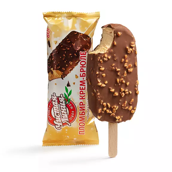 Фото товара Пломбир крем-брюле в шоколадной глазури с арахисом, 80г: null: «Чистая Линия»