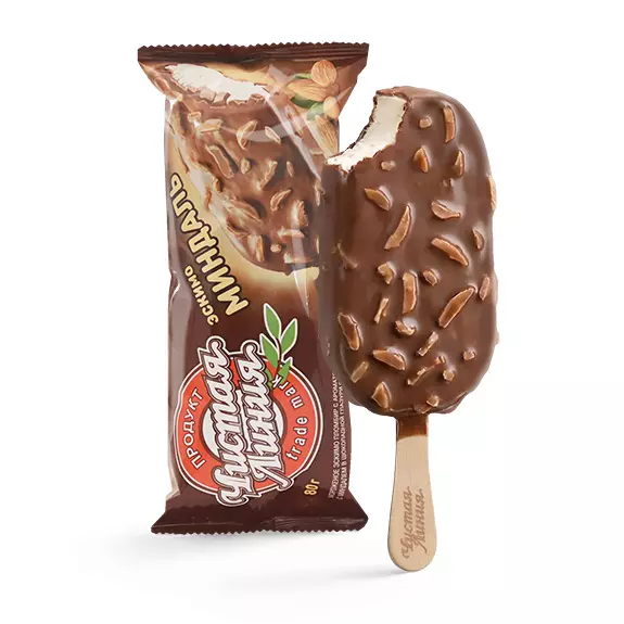 Фото товара Пломбир «Миндаль» в шоколадной глазури, 80г: Эскимо с кусочками миндаля в шоколадной глазури с миндалем: «Чистая Линия»