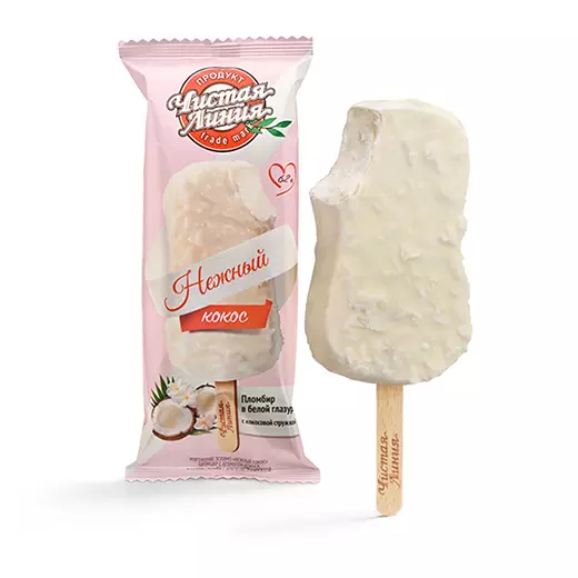 Фото товара Пломбир «Нежный кокос» в белой глазури, 62г: Эскимо в белой глазури с кокосовой стружкой: «Чистая Линия»