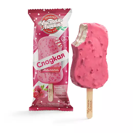 Фото товара Пломбир «Сладкая малина» в глазури, 62г: Эскимо с малиновым наполнителем в глазури с кусочками малины: «Чистая Линия»