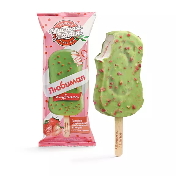 Фото товара Пломбир «Любимая клубника» в глазури, 62г: Эскимо с клубничным наполнителем в глазури с кусочками клубники: «Чистая Линия»