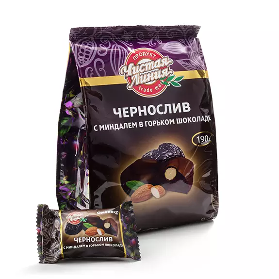 Фото товара Чернослив с миндалем в горьком шоколаде, 190г: null: «Чистая Линия»